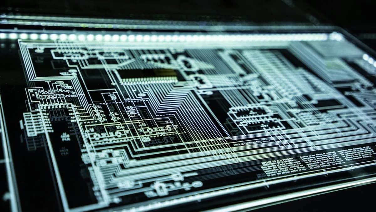 Rangkaian elektronik bercahaya di papan sirkuit