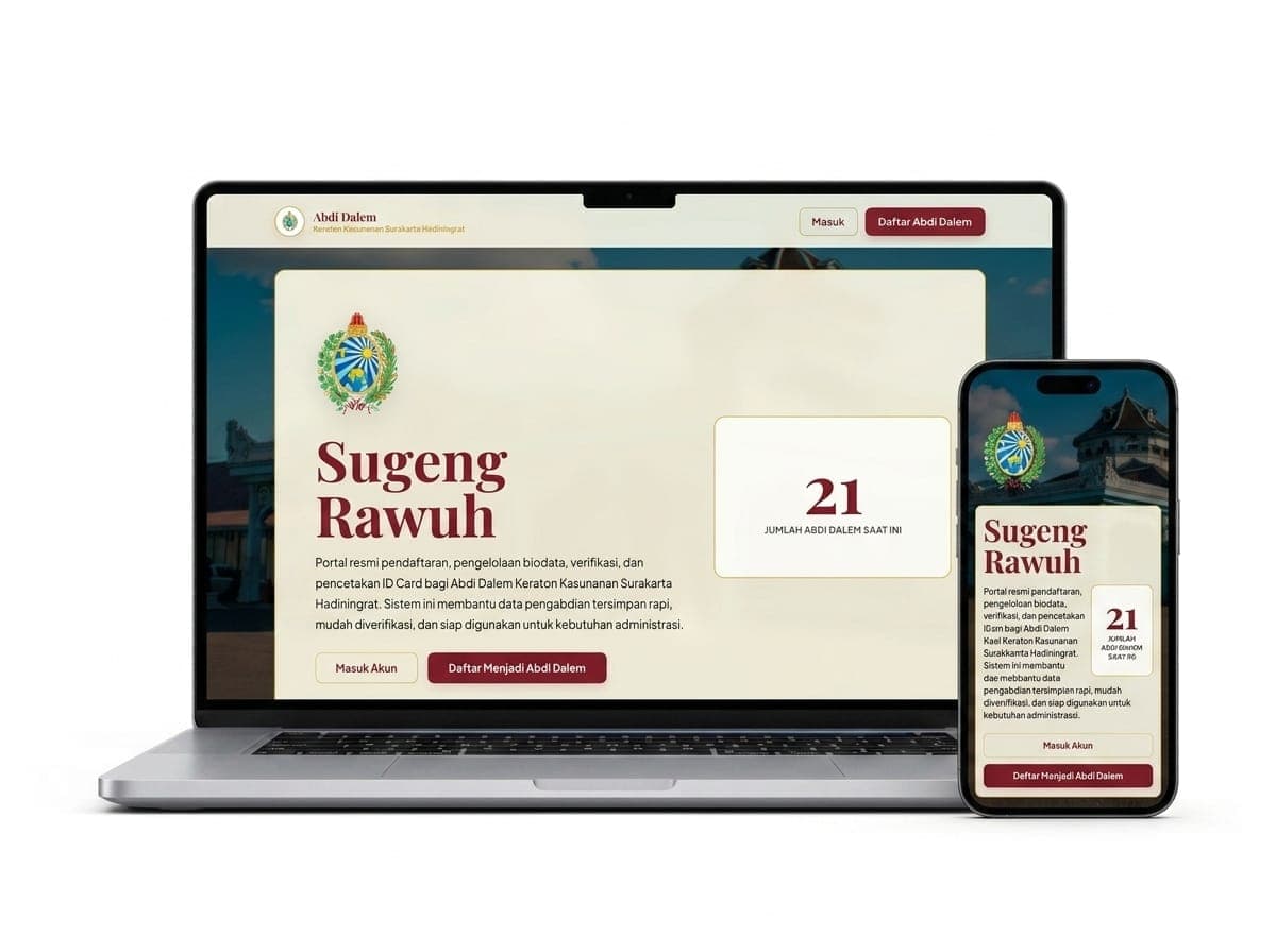 Mockup website manajemen database Abdi Dalem Keraton Kasunanan Surakarta Hadiningrat di laptop dan ponsel