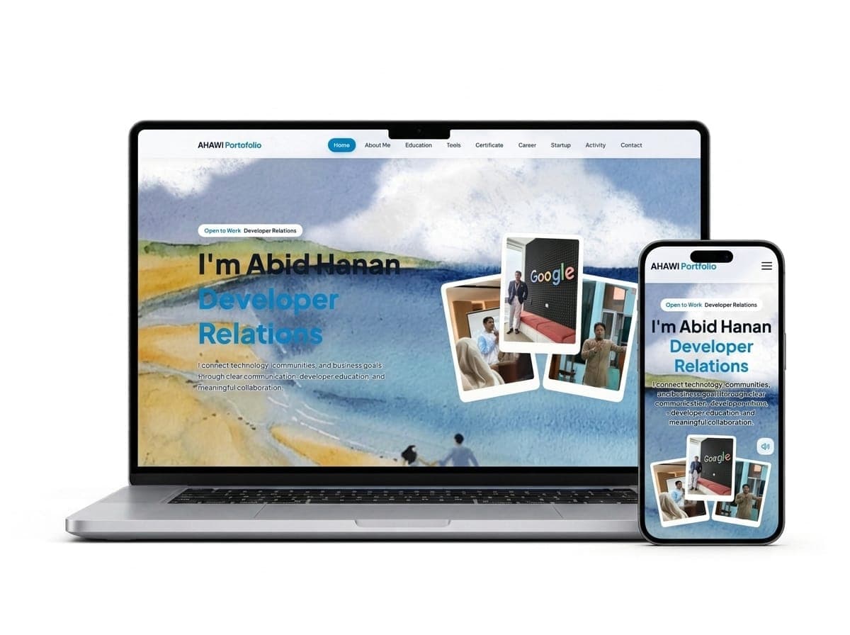Mockup website portofolio AHAWI di laptop dan ponsel