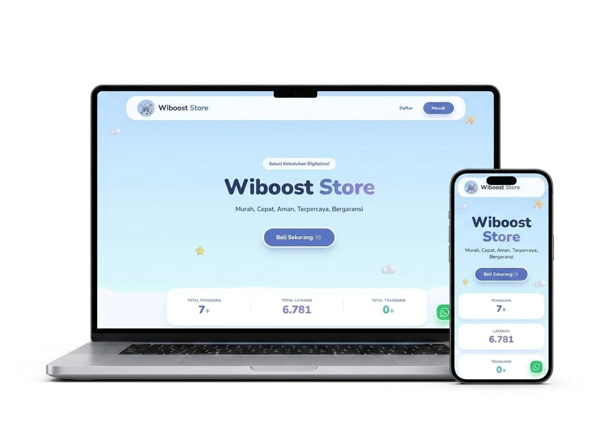 Mockup website Wiboost Store di laptop dan ponsel