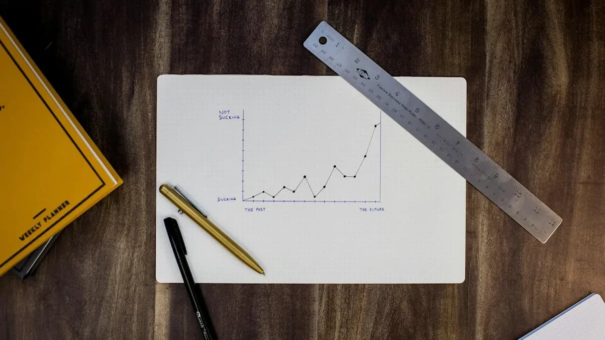 Grafik tren di atas kertas dengan penggaris
