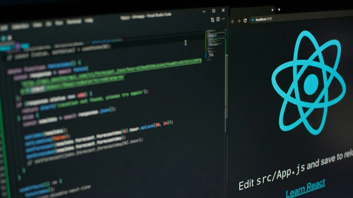 Layar monitor menampilkan kode React